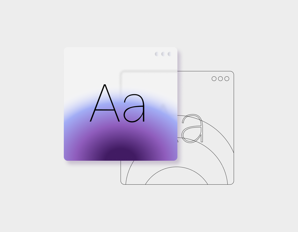 An abstract design featuring overlapping windows, one with a gradient and stylized 'Aa' text, and the other with a line drawing.